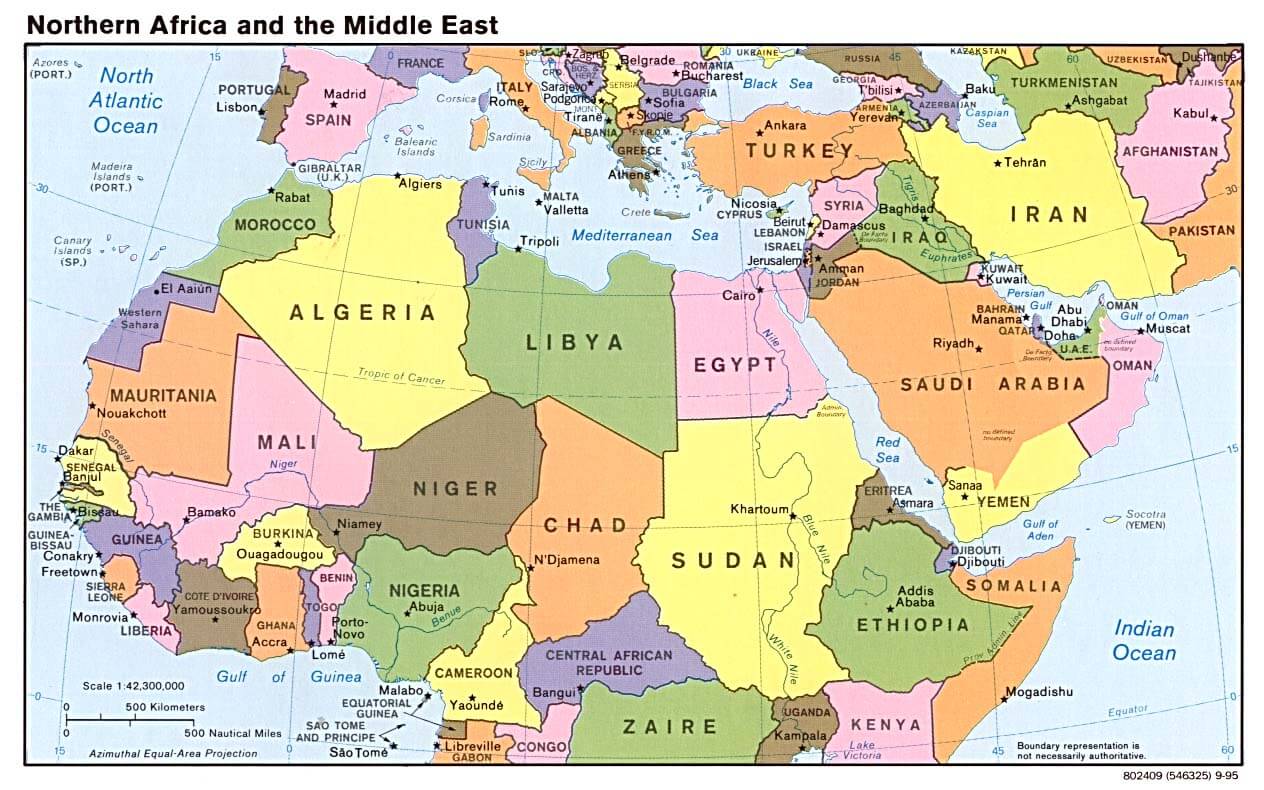 1995 Map of Northern Africa and the Middle East with Countries and Capitals